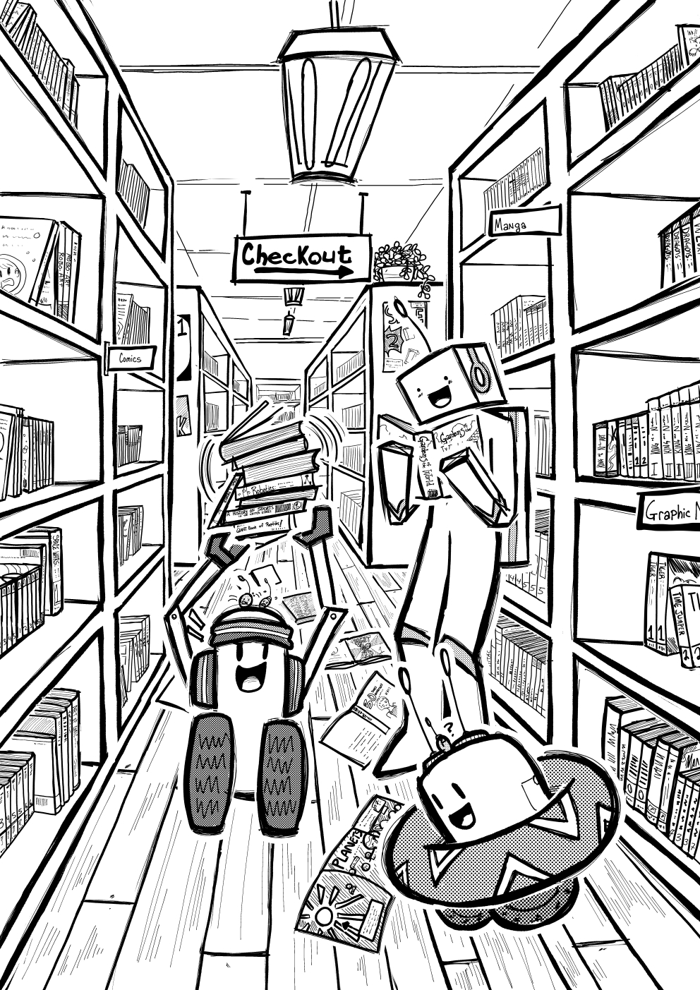 Art Break- In the Bookstore (B/W version)